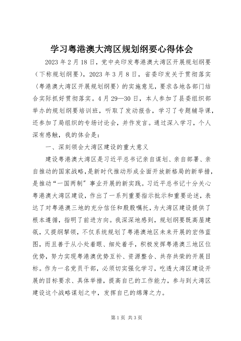 2023年学习《粤港澳大湾区规划纲要》心得体会.docx_第1页