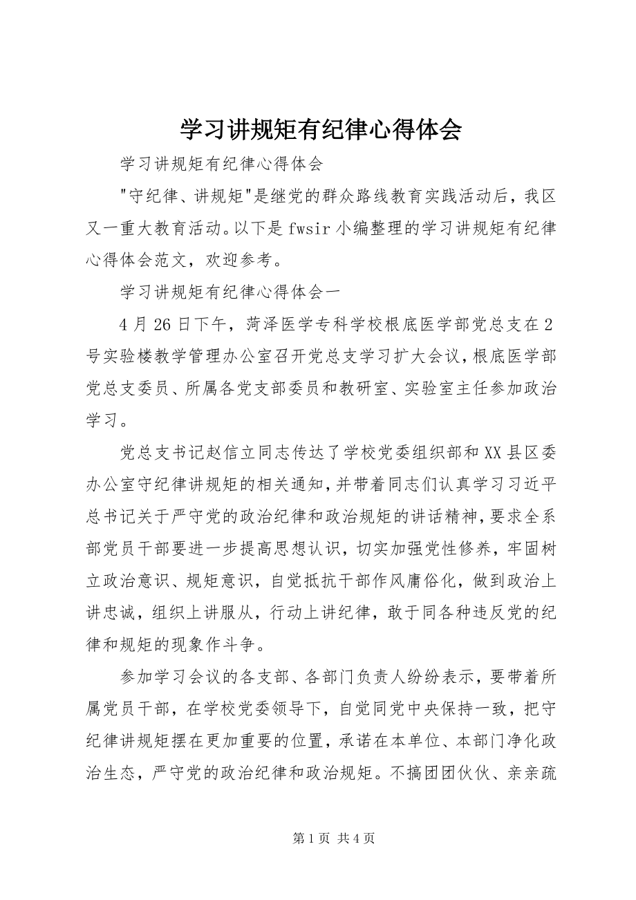 2023年学习讲规矩有纪律心得体会.docx_第1页