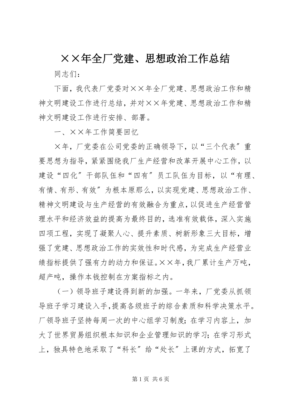 2023年全厂党建思想政治工作总结.docx_第1页