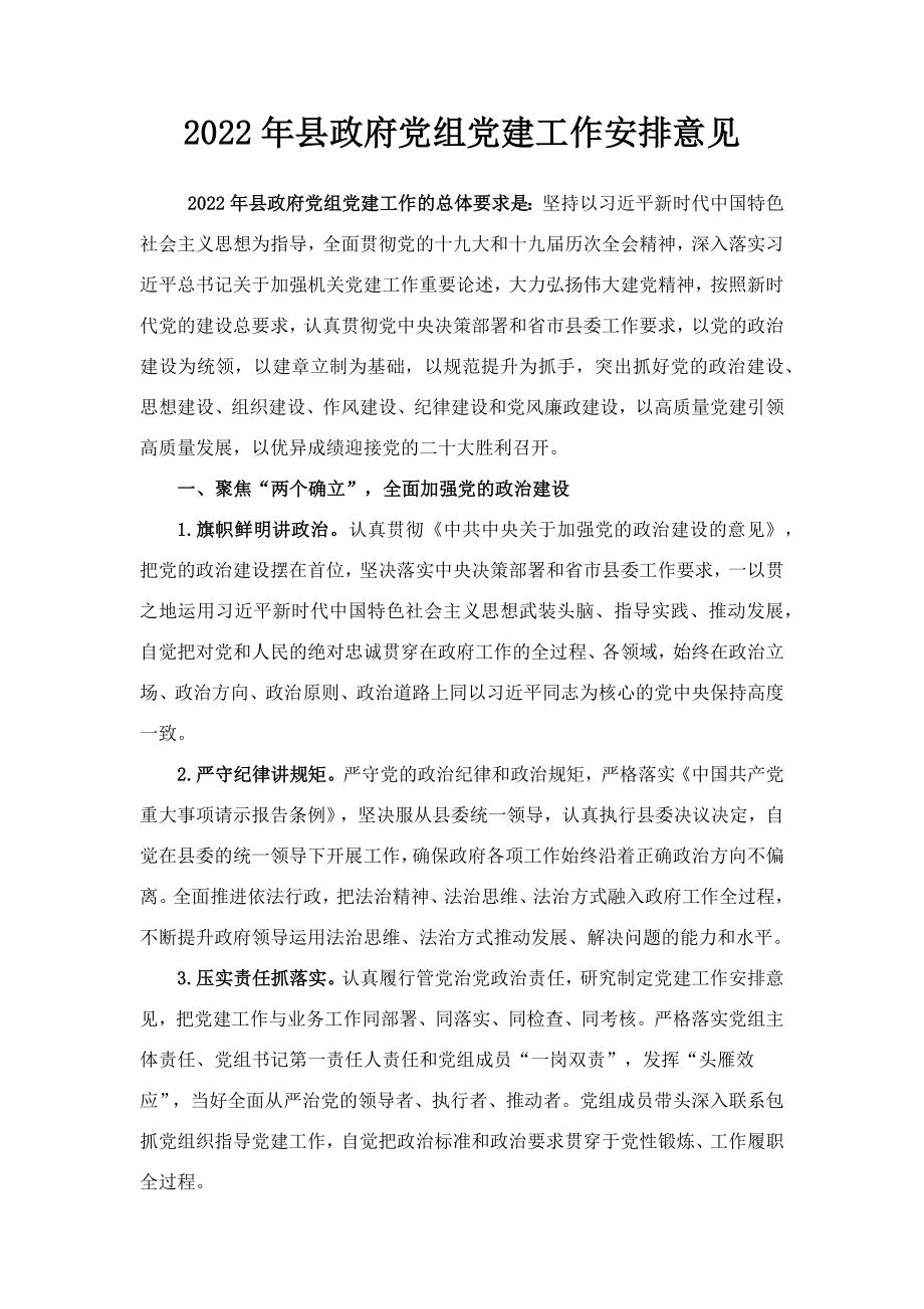 2022年县政府党组党建工作安排意见.docx_第1页