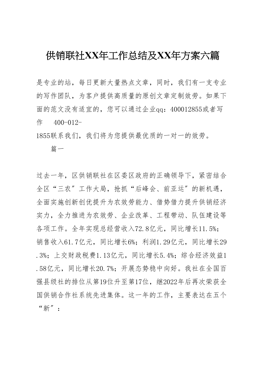 2023年供销联社某年工作总结及某年计划六篇.doc_第1页