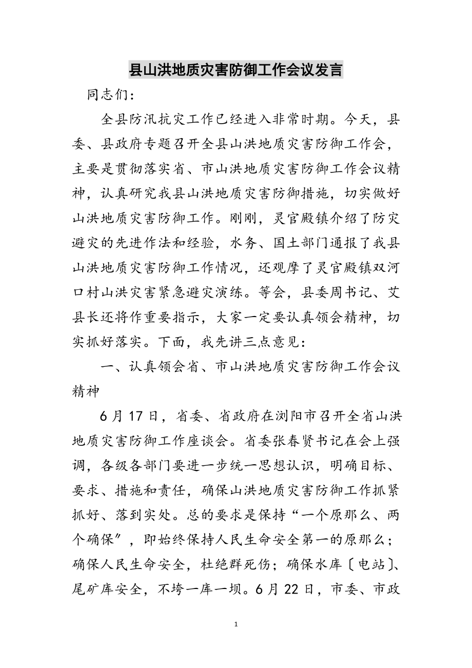 2023年县山洪地质灾害防御工作会议发言范文.doc_第1页