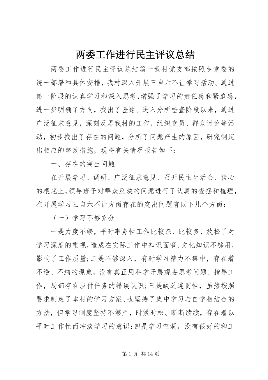 2023年两委工作进行民主评议总结.docx_第1页