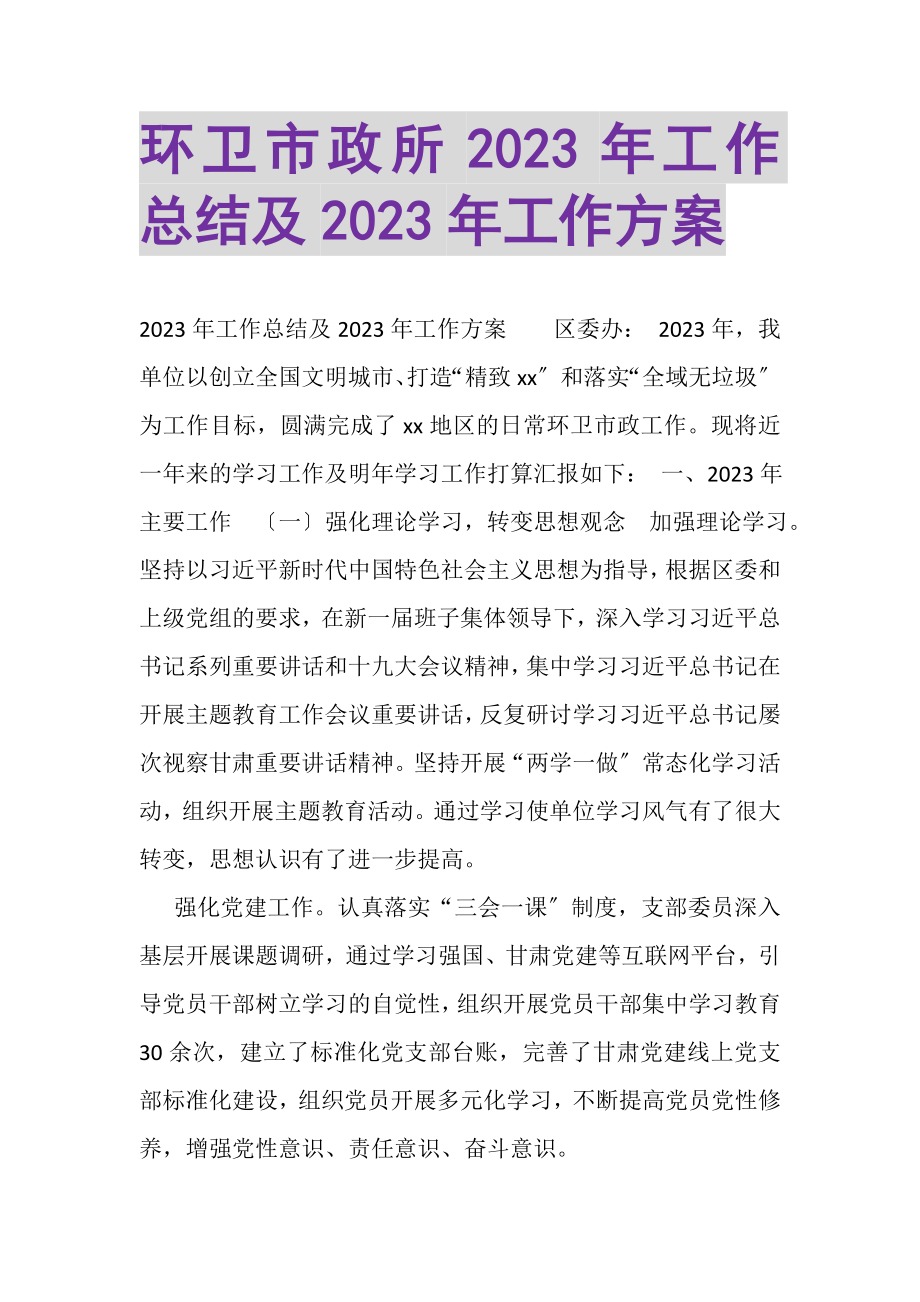 2023年环卫市政所工作总结及工作计划.doc_第1页