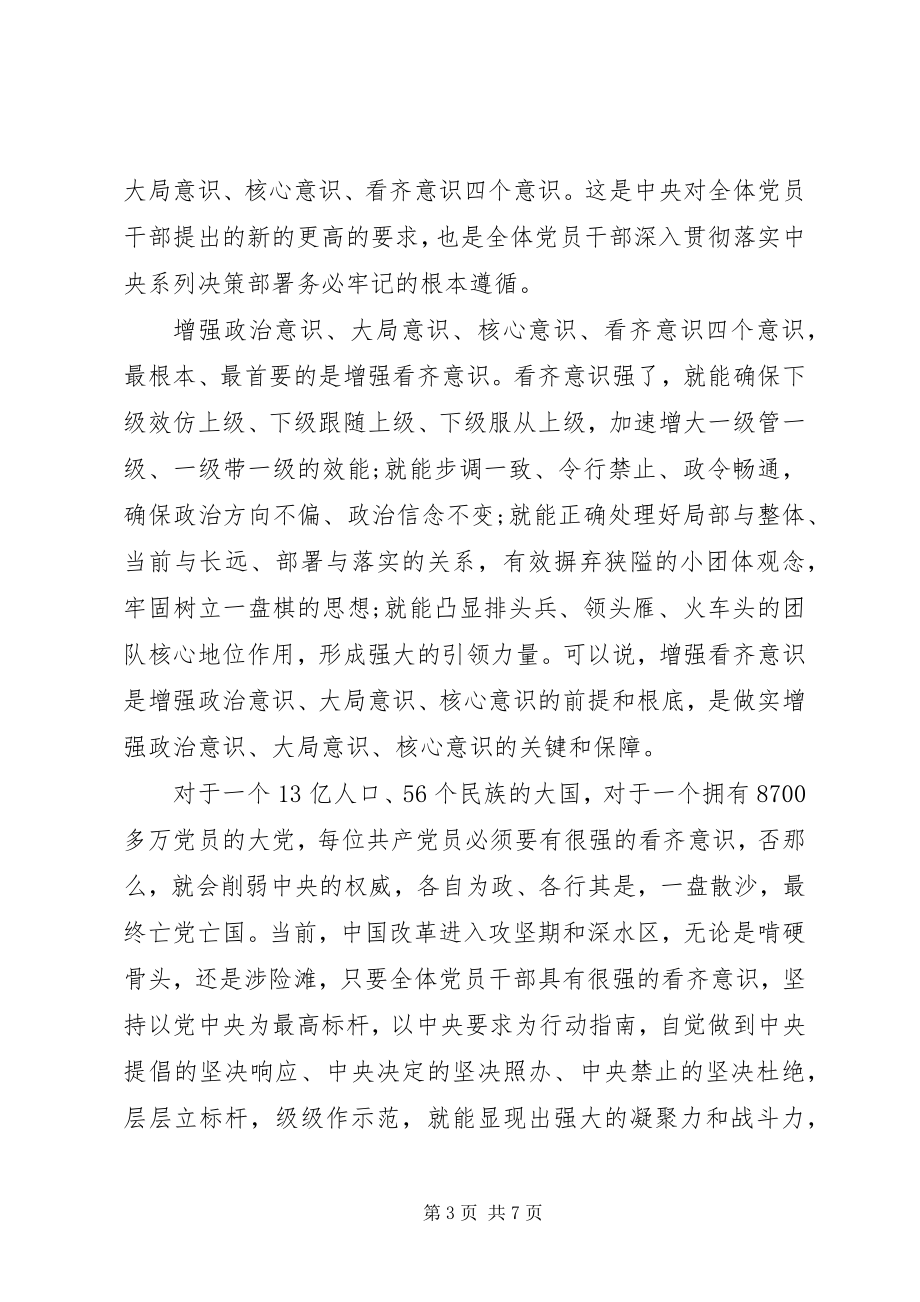 2023年党员干部强化看齐意识严守纪律规矩讲话稿.docx_第3页