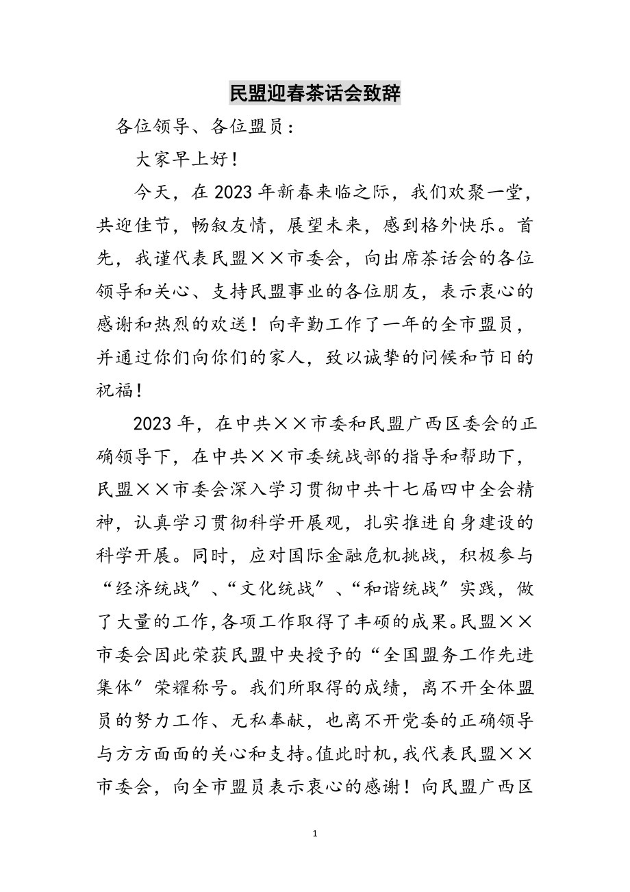 2023年民盟迎春茶话会致辞范文.doc_第1页