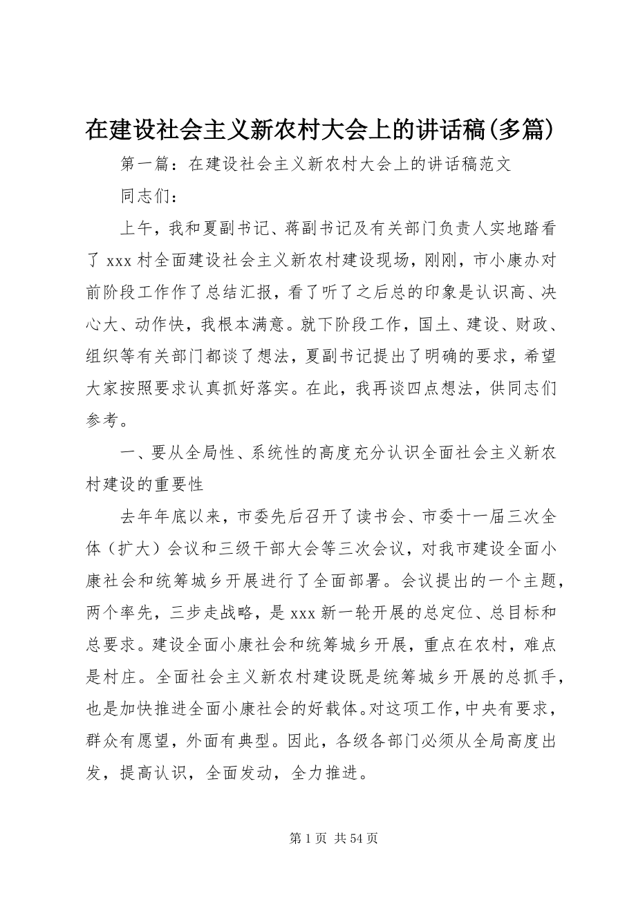 2023年在建设社会主义新农村大会上的致辞稿多篇.docx_第1页