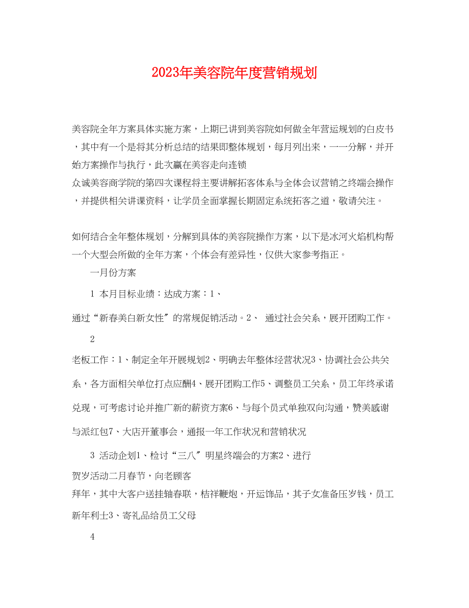 2023年美容院年度营销规划.docx_第1页