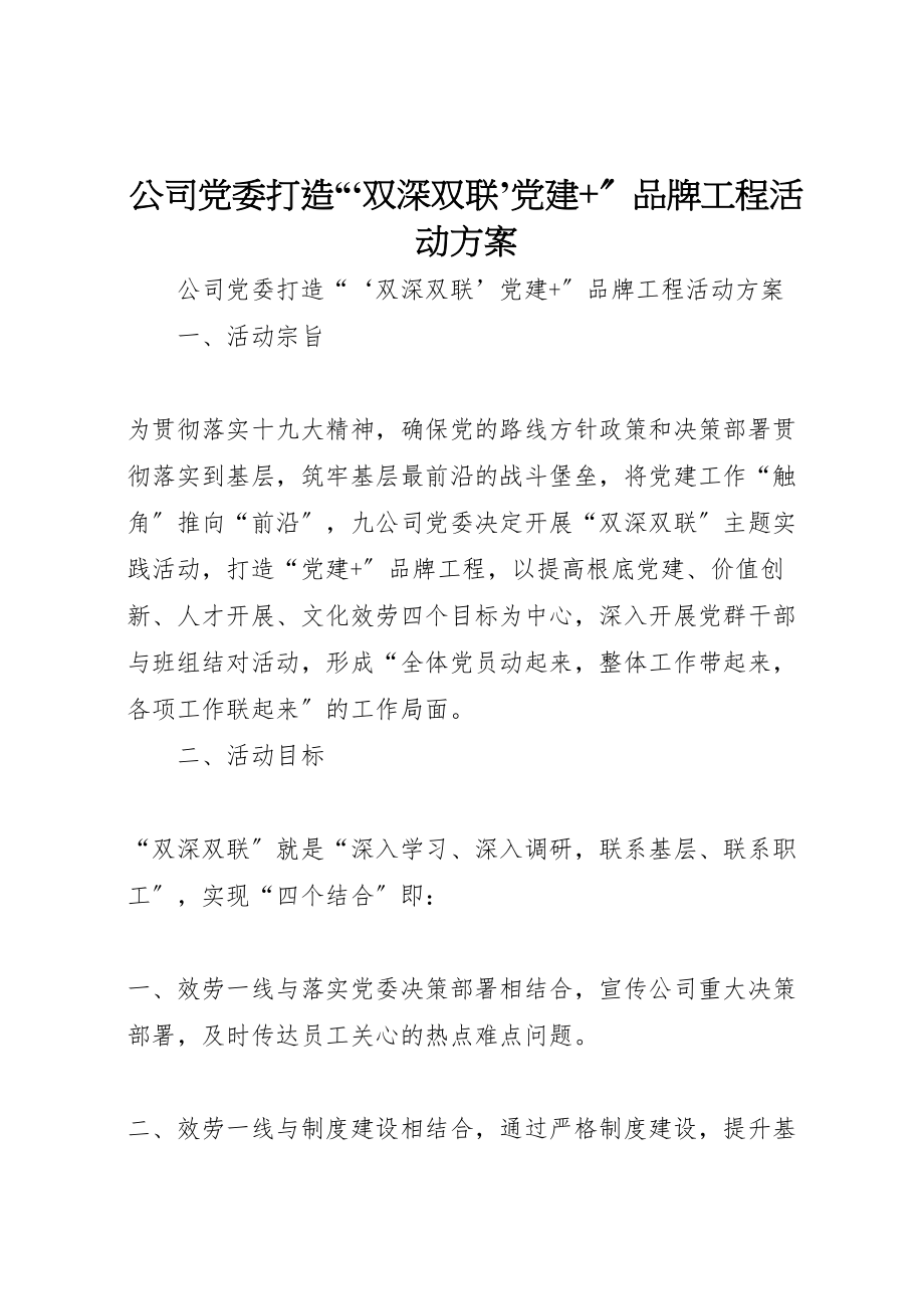 2023年公司党委打造双深双联’党建品牌工程活动方案.doc_第1页