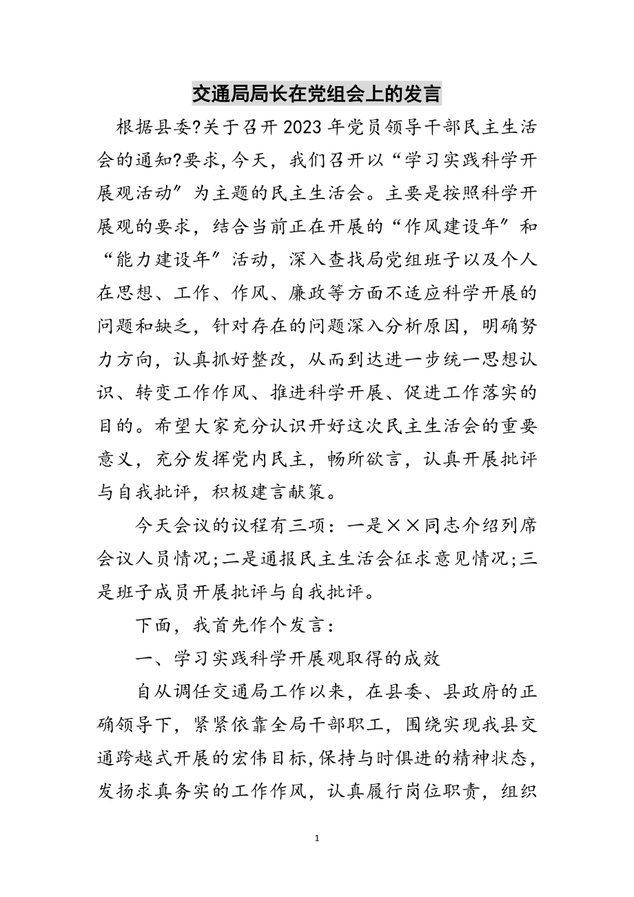 2023年交通局局长在党组会上的发言范文.doc_第1页