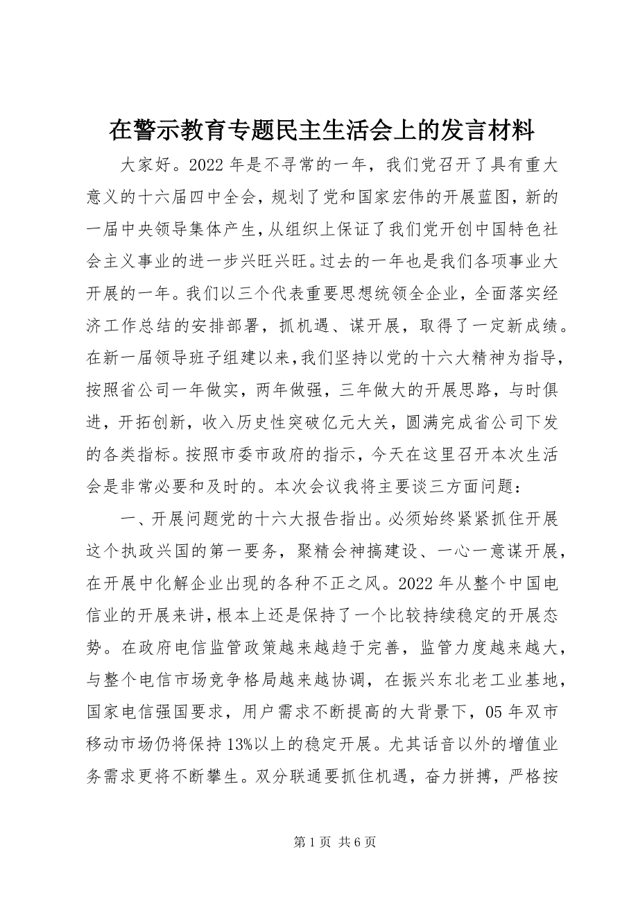 2023年在警示教育专题民主生活会上的讲话材料.docx_第1页