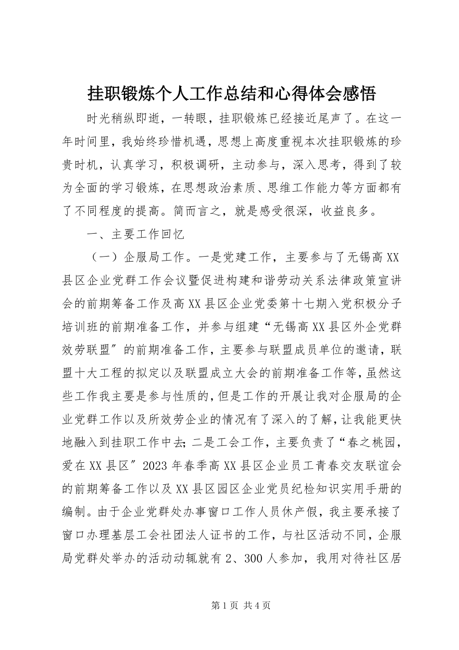 2023年挂职锻炼个人工作总结和心得体会感悟.docx_第1页