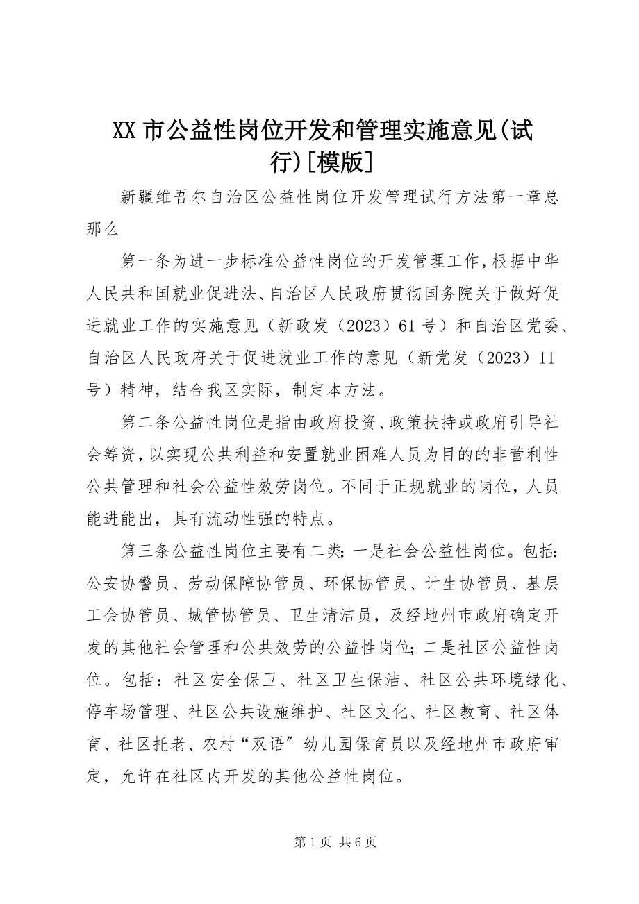 2023年XX市公益性岗位开发和管理实施意见试行模版.docx_第1页