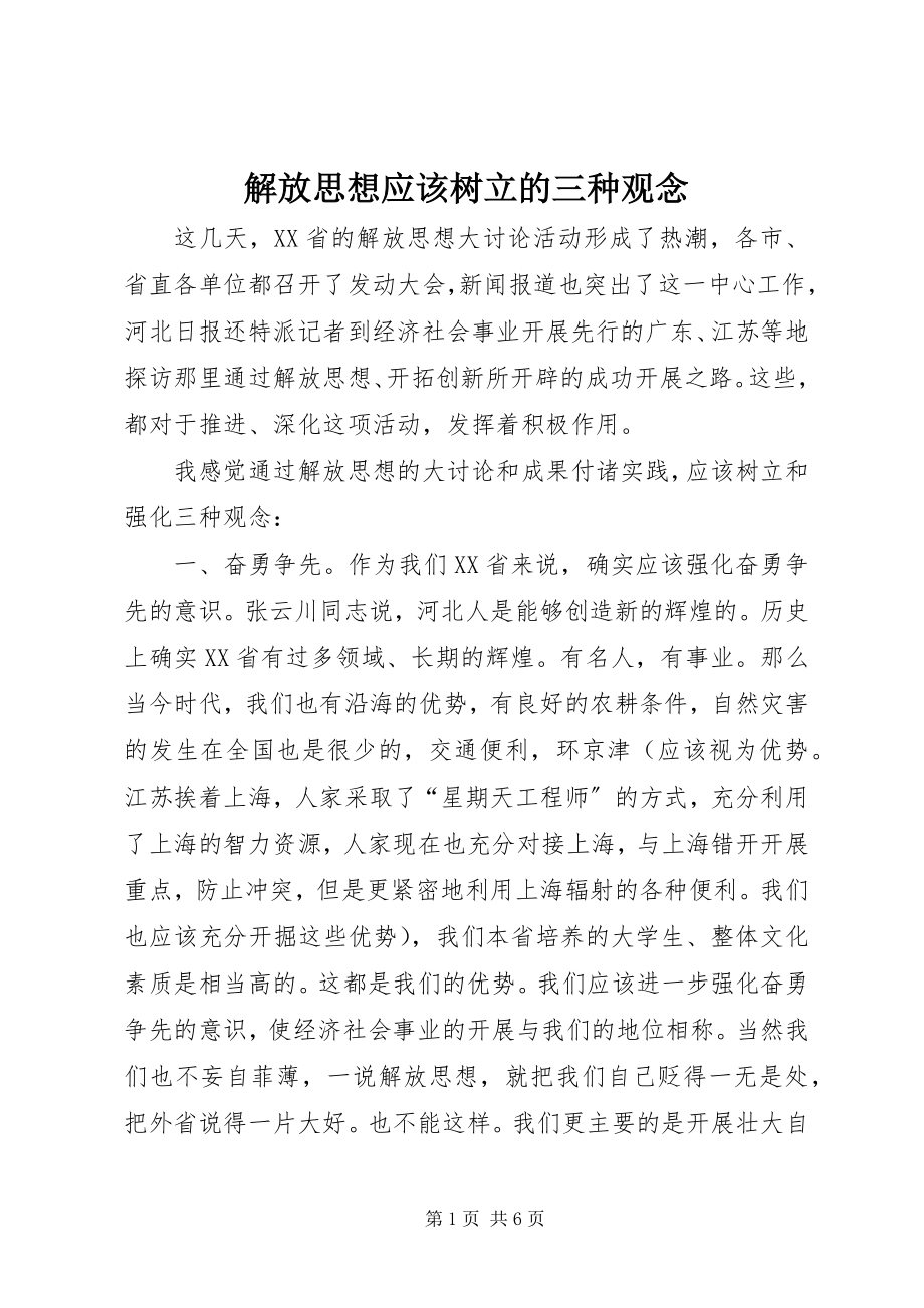 2023年解放思想应该树立的三种观念.docx_第1页