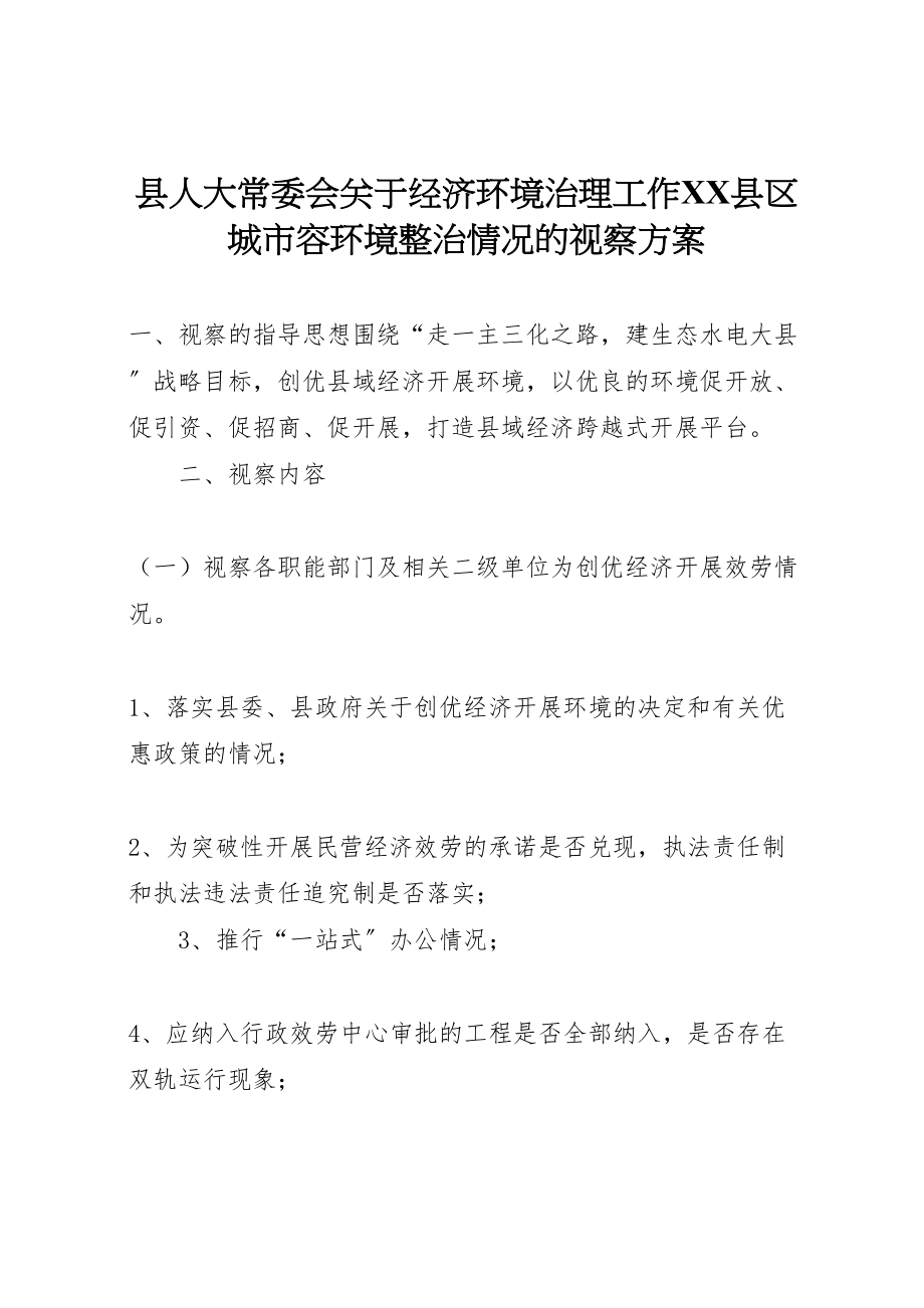 2023年县人大常委会关于经济环境治理工作县区城市容环境整治情况的视察方案 .doc_第1页