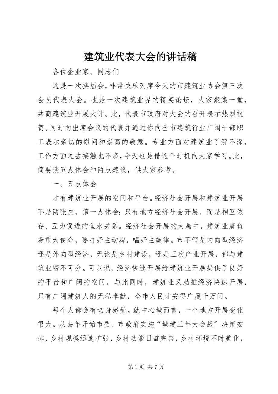 2023年建筑业代表大会的致辞稿.docx_第1页