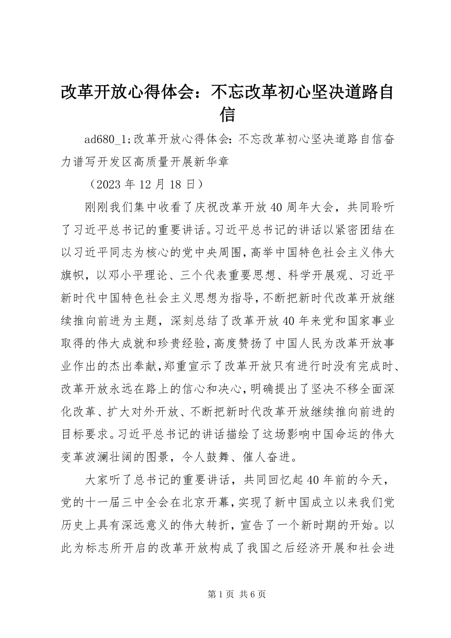 2023年改革开放心得体会：不忘改革初心坚定道路自信.docx_第1页