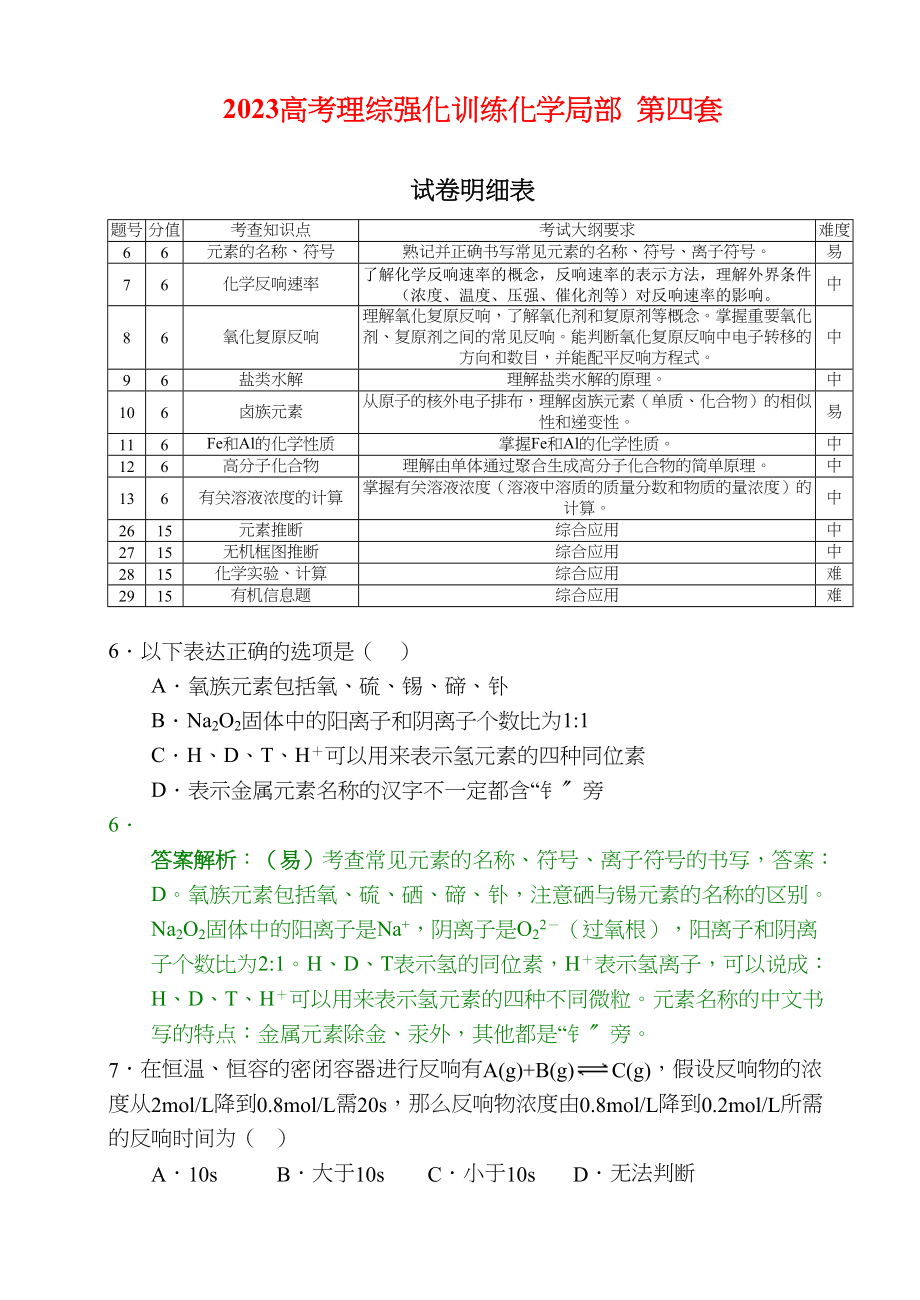 2023年高考理综强化训练化学部分第四套doc高中化学.docx_第1页