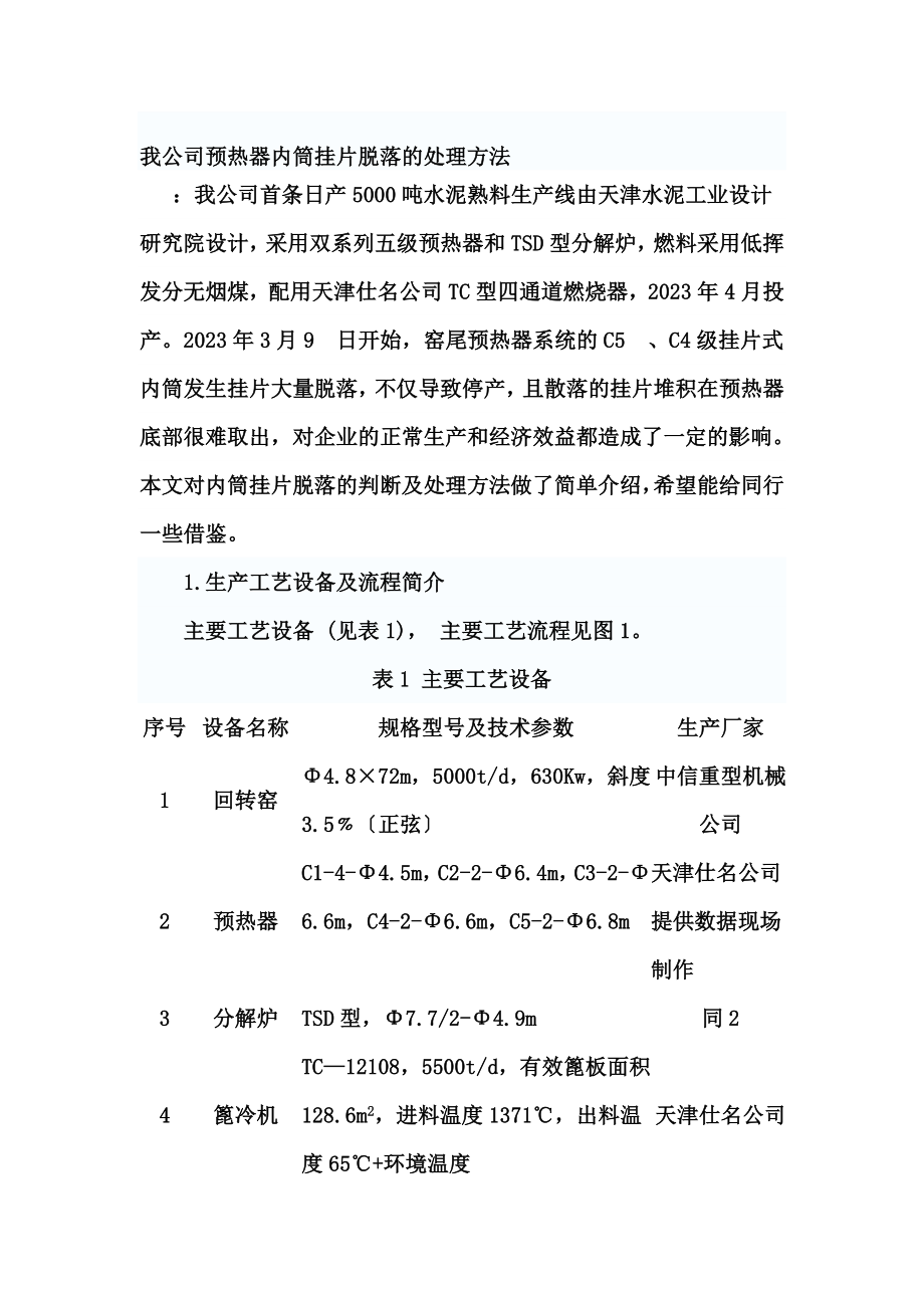 2023年我公司预热器内筒挂片脱落的处理方法.doc_第1页