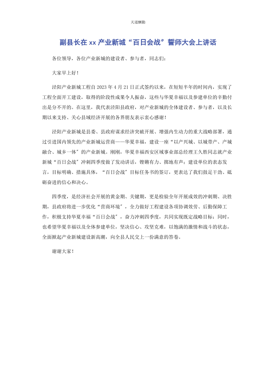 2023年副县长在产业新城“百日会战”誓师大会上讲话范文.docx_第1页