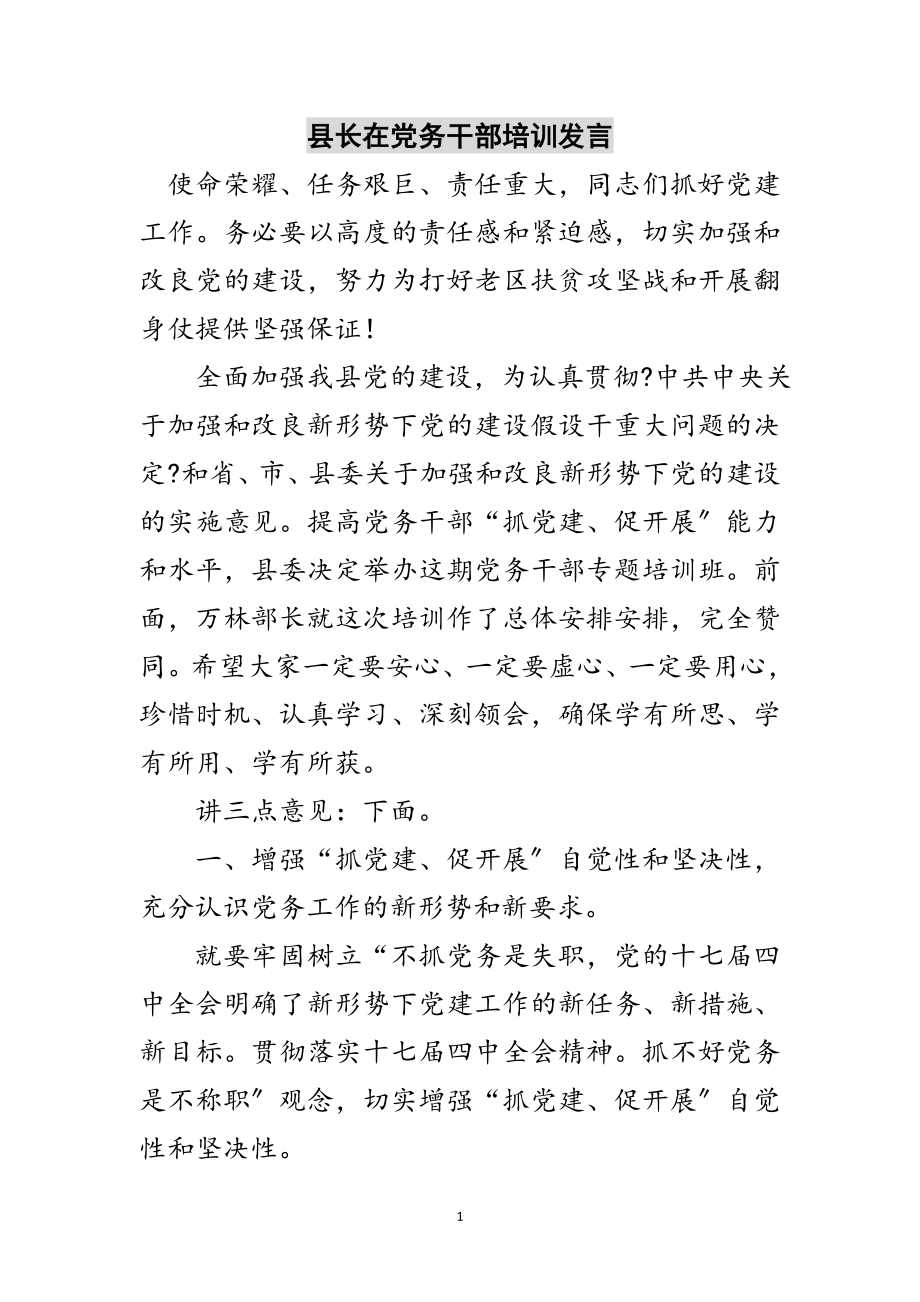 2023年县长在党务干部培训发言范文.doc_第1页