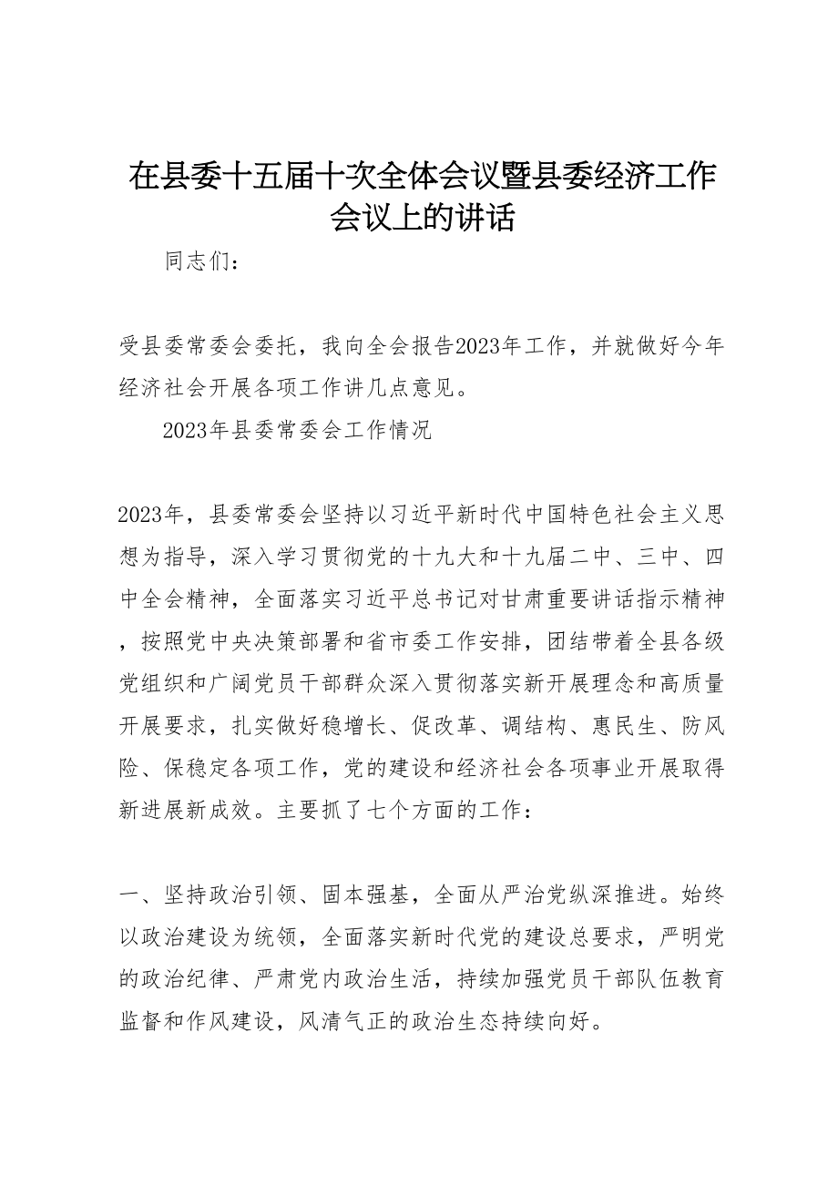 2023年在县委十五届十次全体会议暨县委经济工作会议上的致辞.doc_第1页