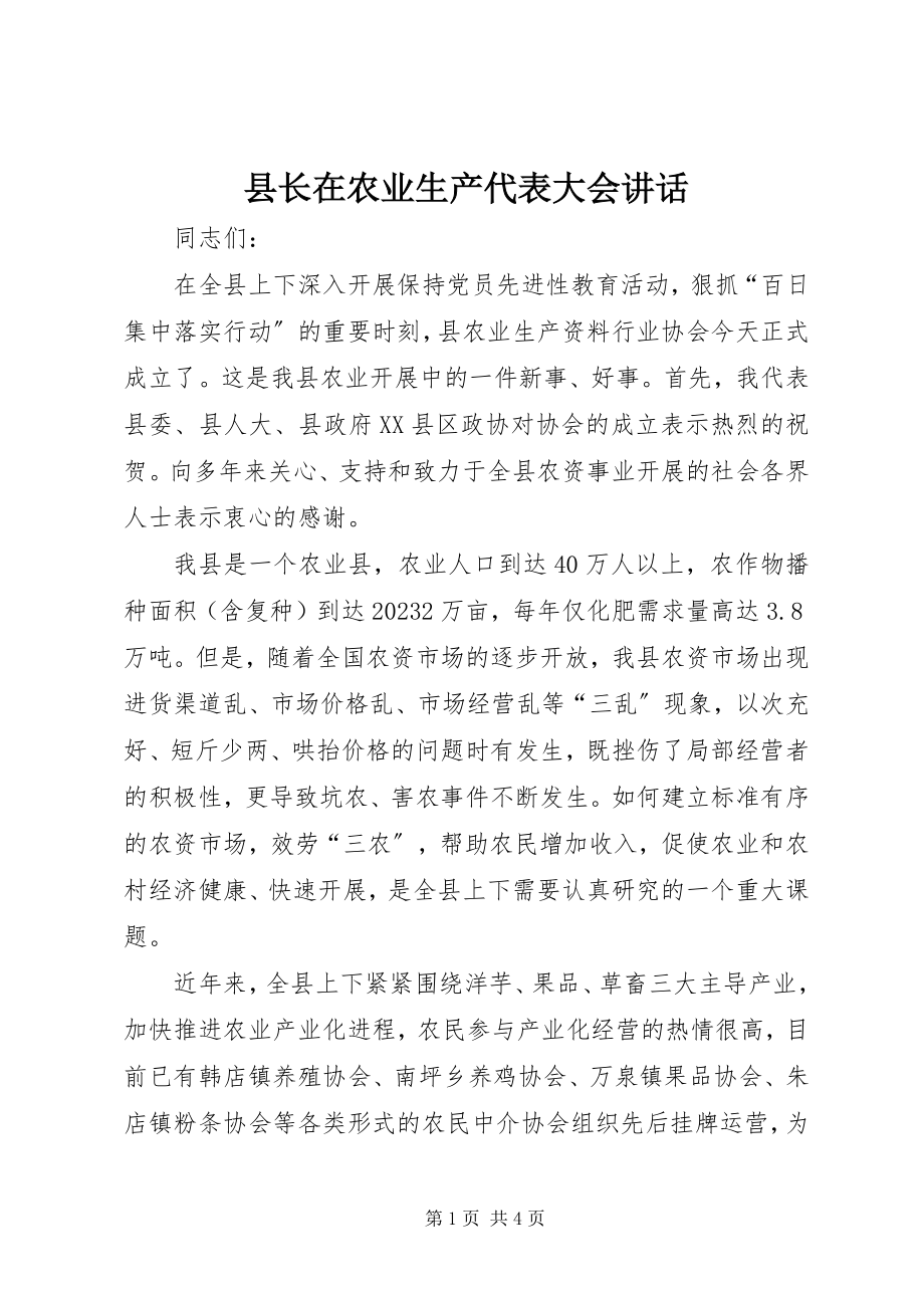 2023年县长在农业生产代表大会致辞.docx_第1页