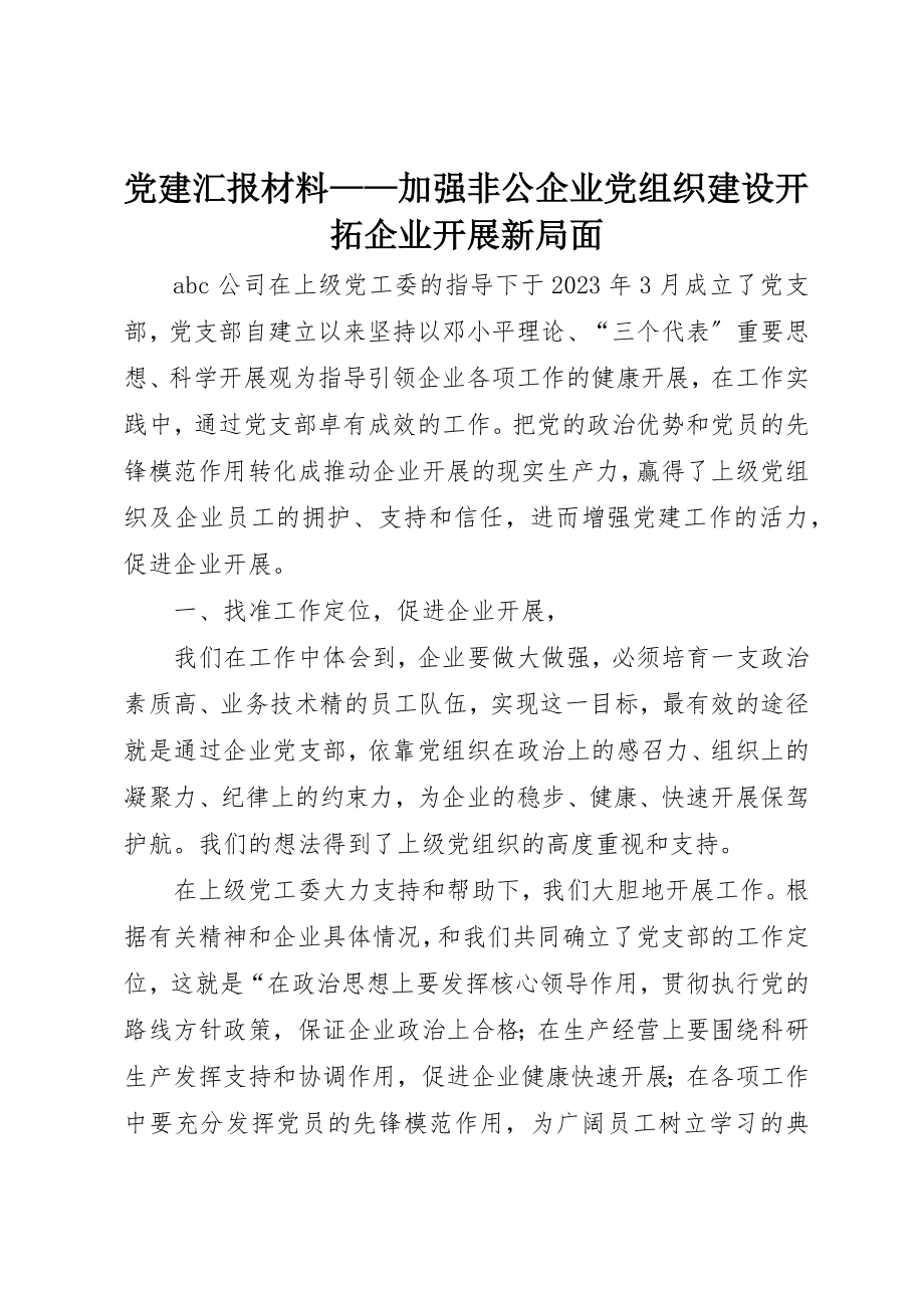 2023年党建汇报材料加强非公企业党组织建设开拓企业发展新局面.docx_第1页