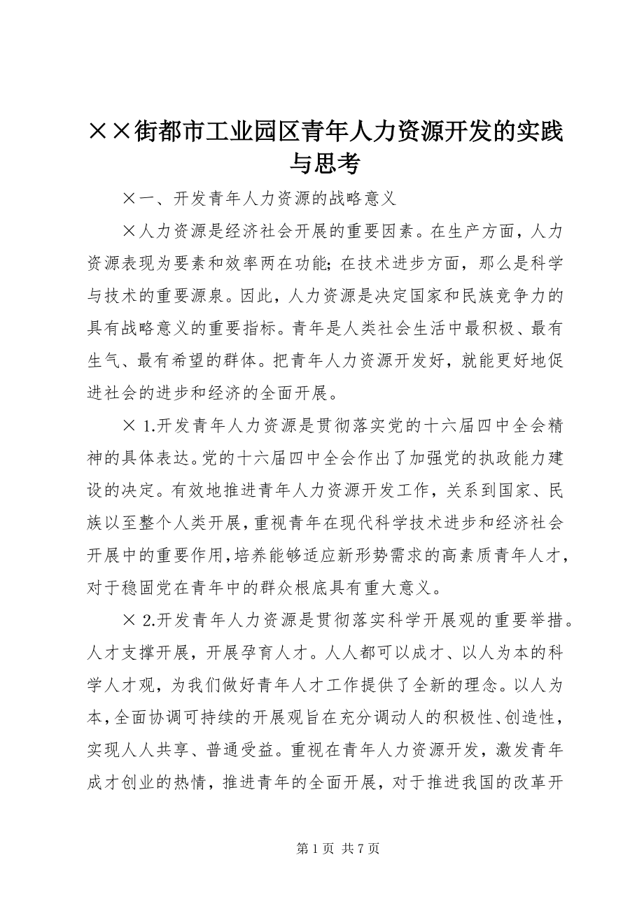 2023年××街都市工业园区青年人力资源开发的实践与思考新编.docx_第1页