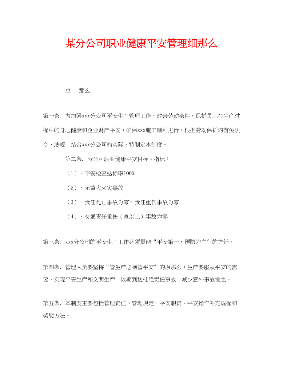 2023年《安全管理制度》之某分公司职业健康安全管理细则.docx_第1页