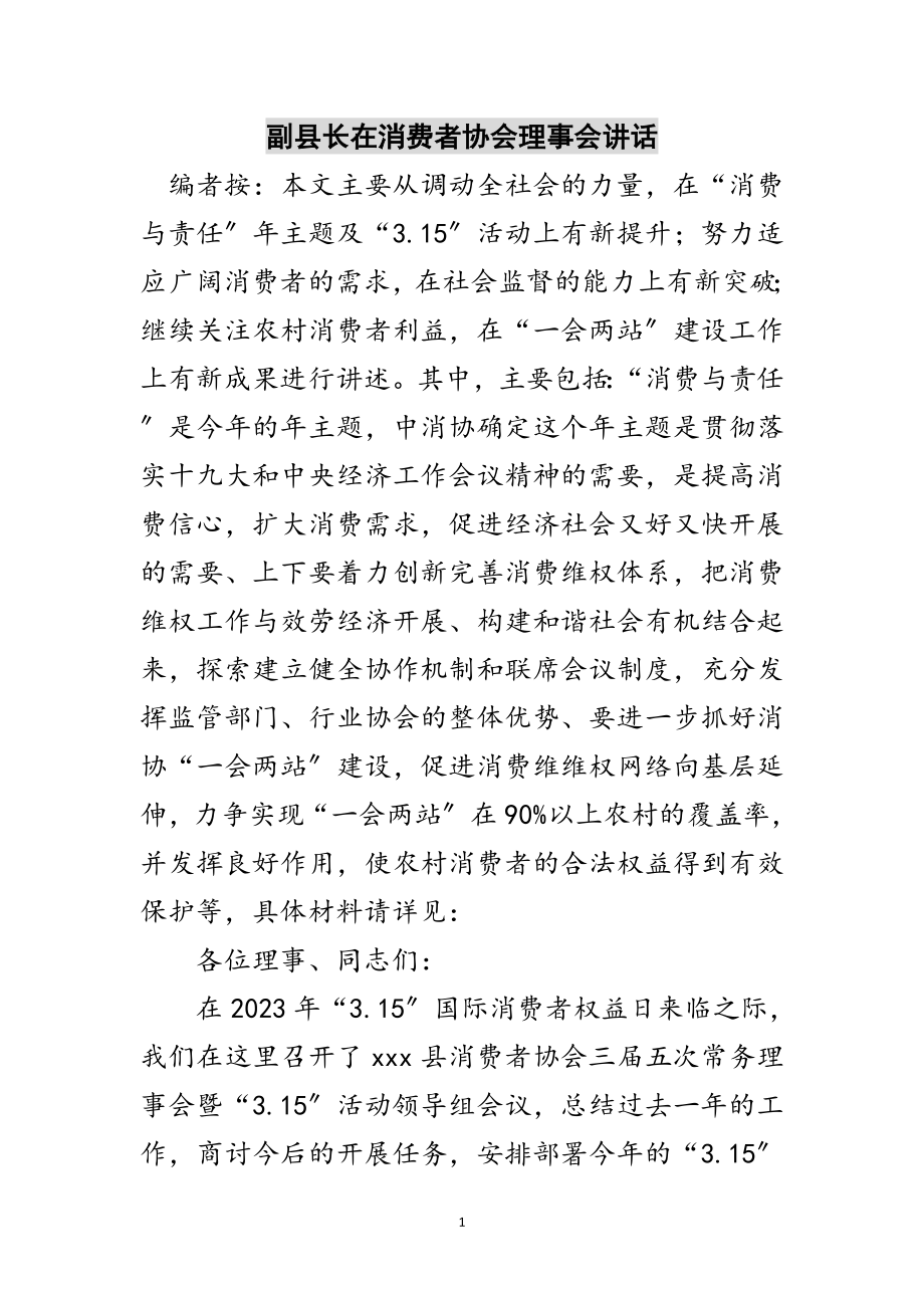 2023年副县长在消费者协会理事会讲话范文.doc_第1页