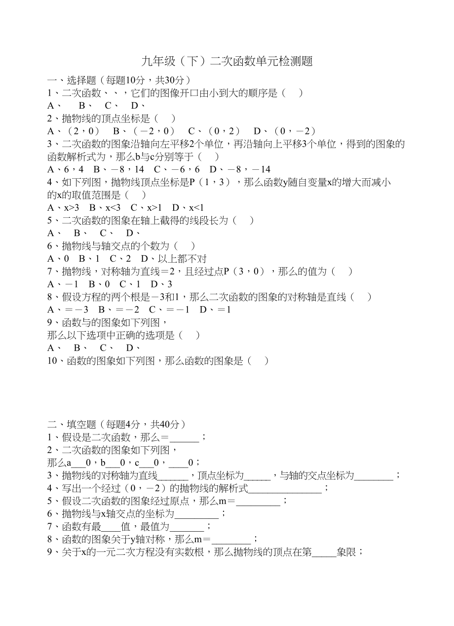 2023年二次函数单元检测题新课标人教版.docx_第1页