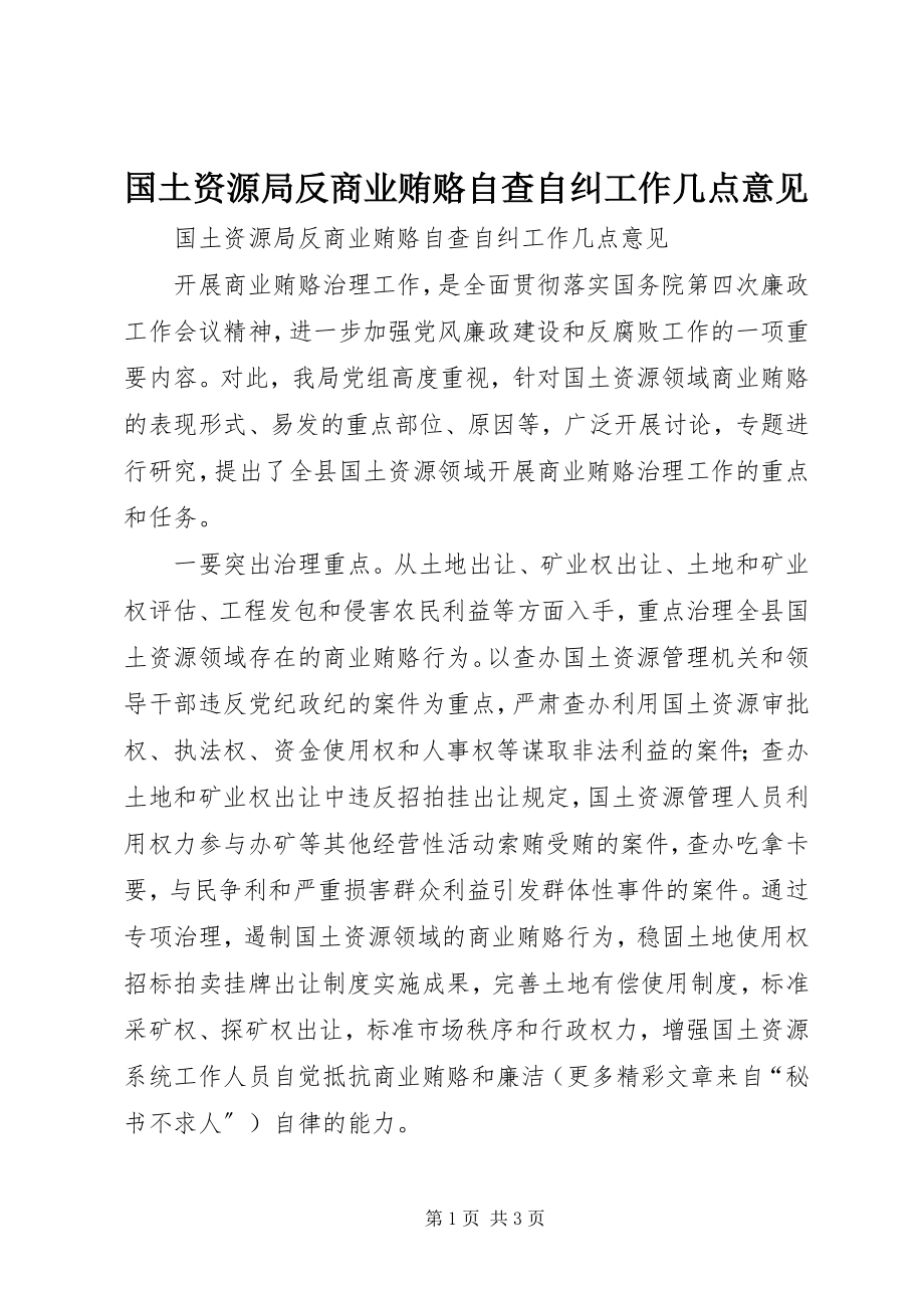 2023年国土资源局反商业贿赂自查自纠工作几点意见.docx_第1页