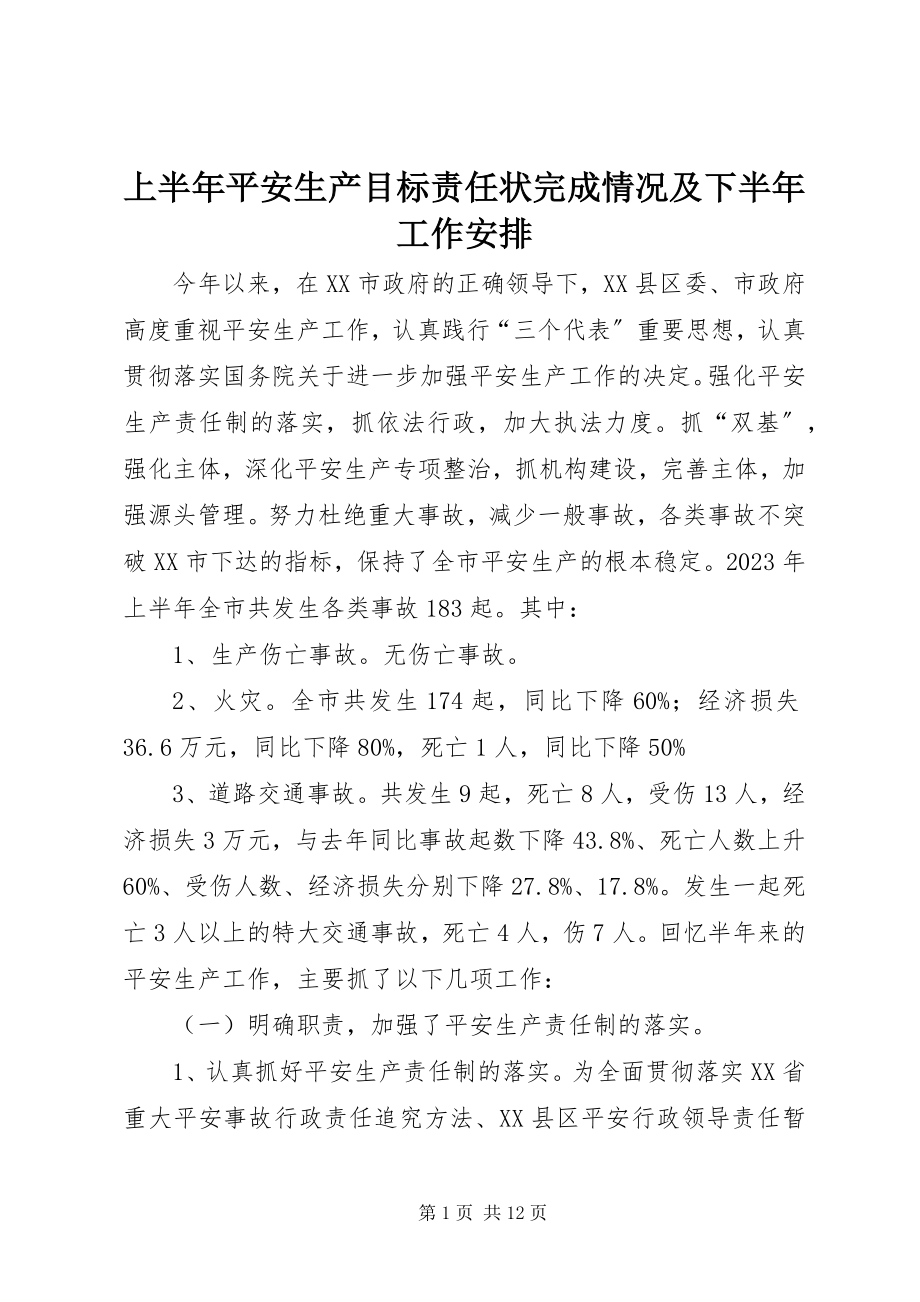 2023年上半年安全生产目标责任状完成情况及下半年工作安排.docx_第1页