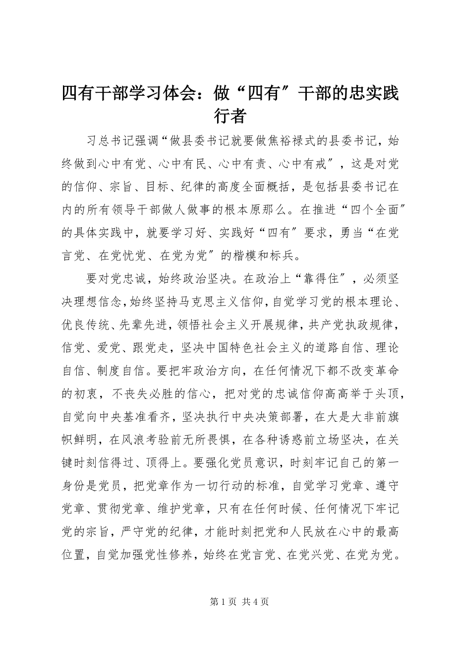 2023年四有干部学习体会做“四有”干部的忠实践行者.docx_第1页