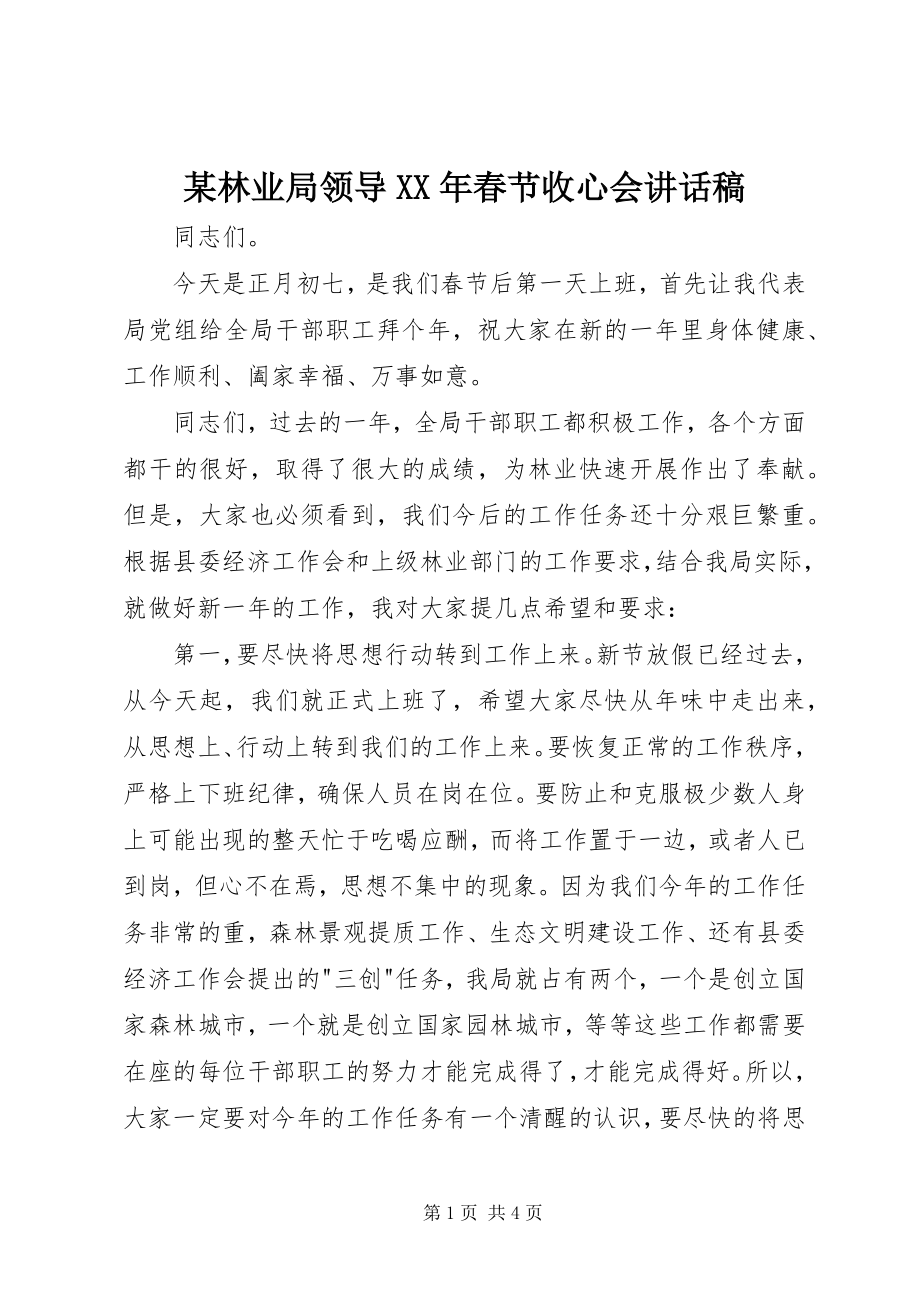 2023年某林业局领导春节收心会致辞稿.docx_第1页