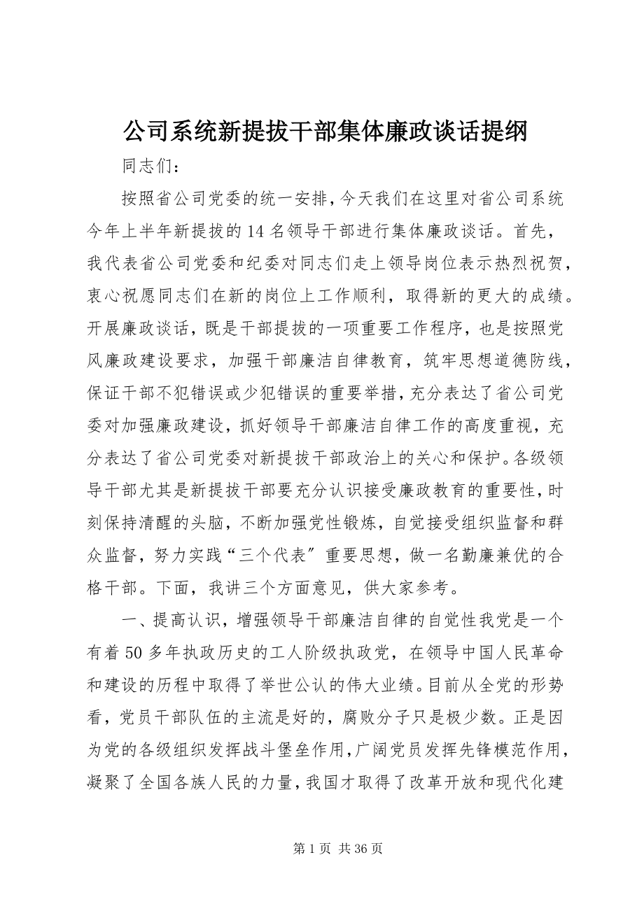 2023年公司系统新提拔干部集体廉政谈话提纲.docx_第1页