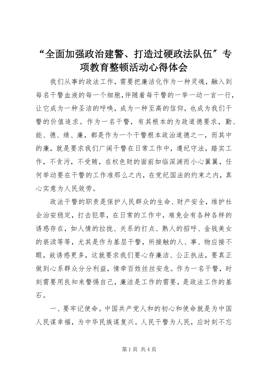 2023年全面加强政治建警打造过硬政法队伍专项教育整顿活动心得体会.docx_第1页