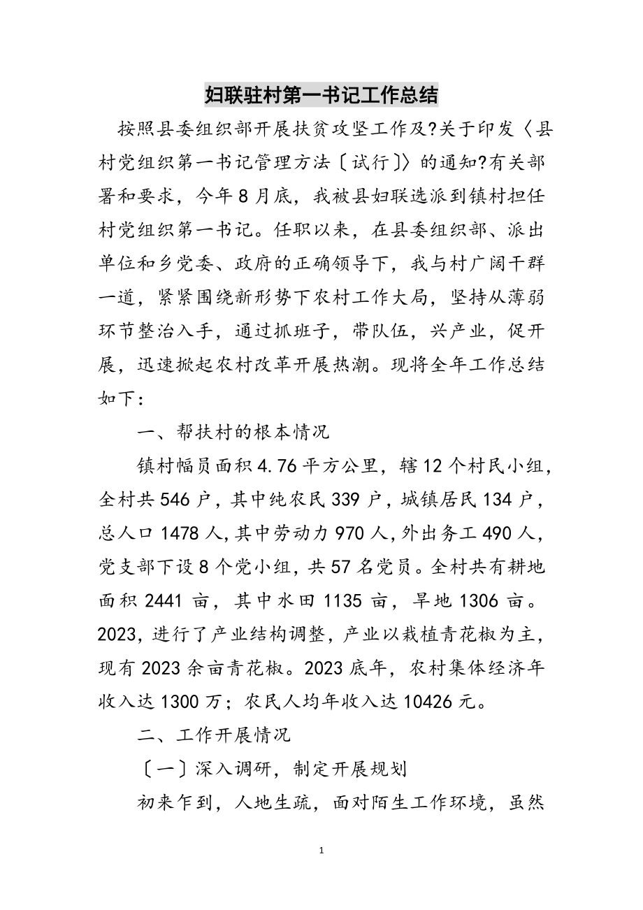 2023年妇联驻村第一书记工作总结范文.doc_第1页