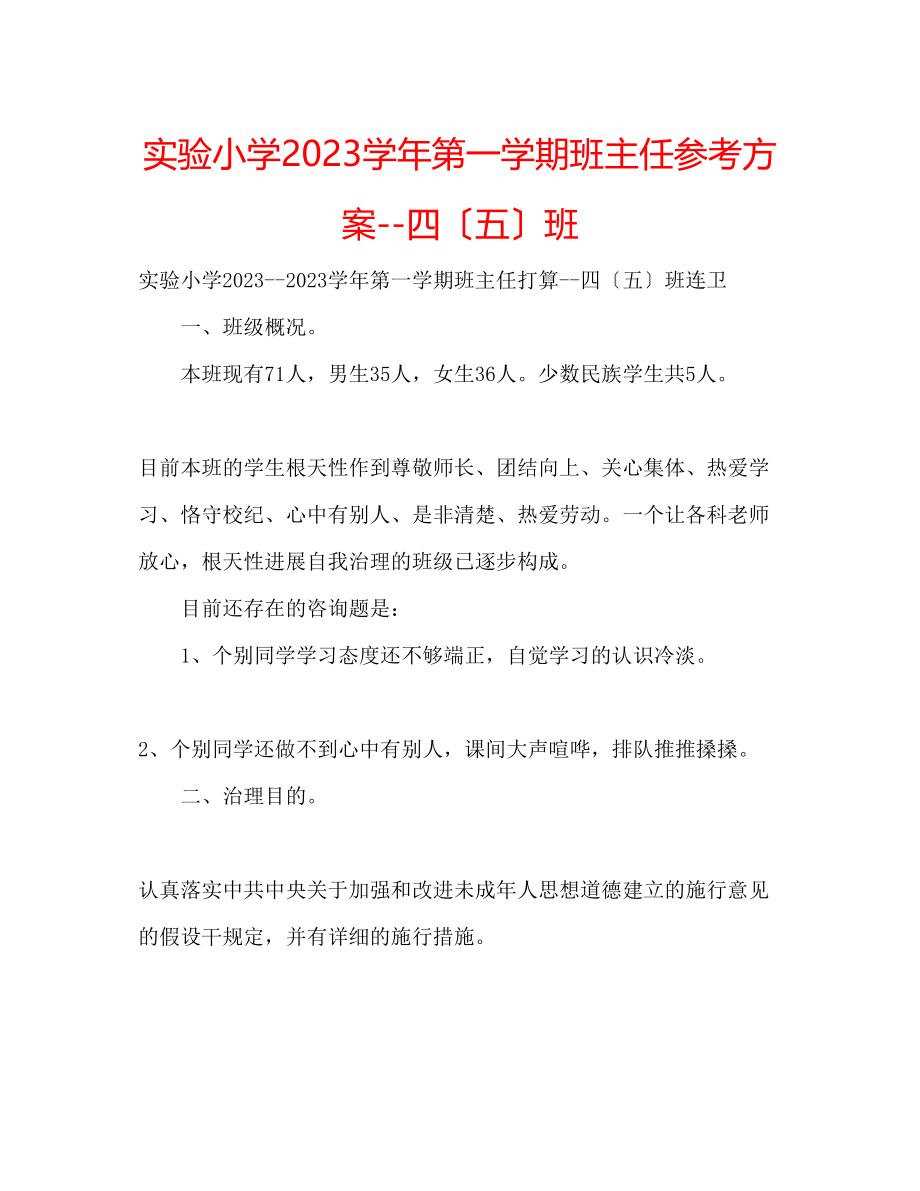 2023年实验小学学第一学期班主任计划四（五）班.docx_第1页