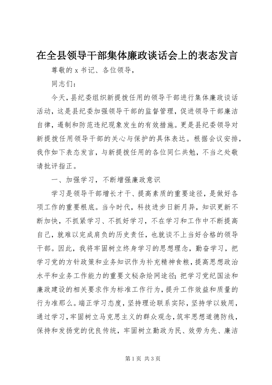 2023年在全县领导干部集体廉政谈话会上的表态讲话.docx_第1页