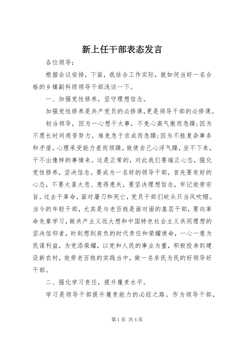 2023年新上任干部表态讲话.docx_第1页