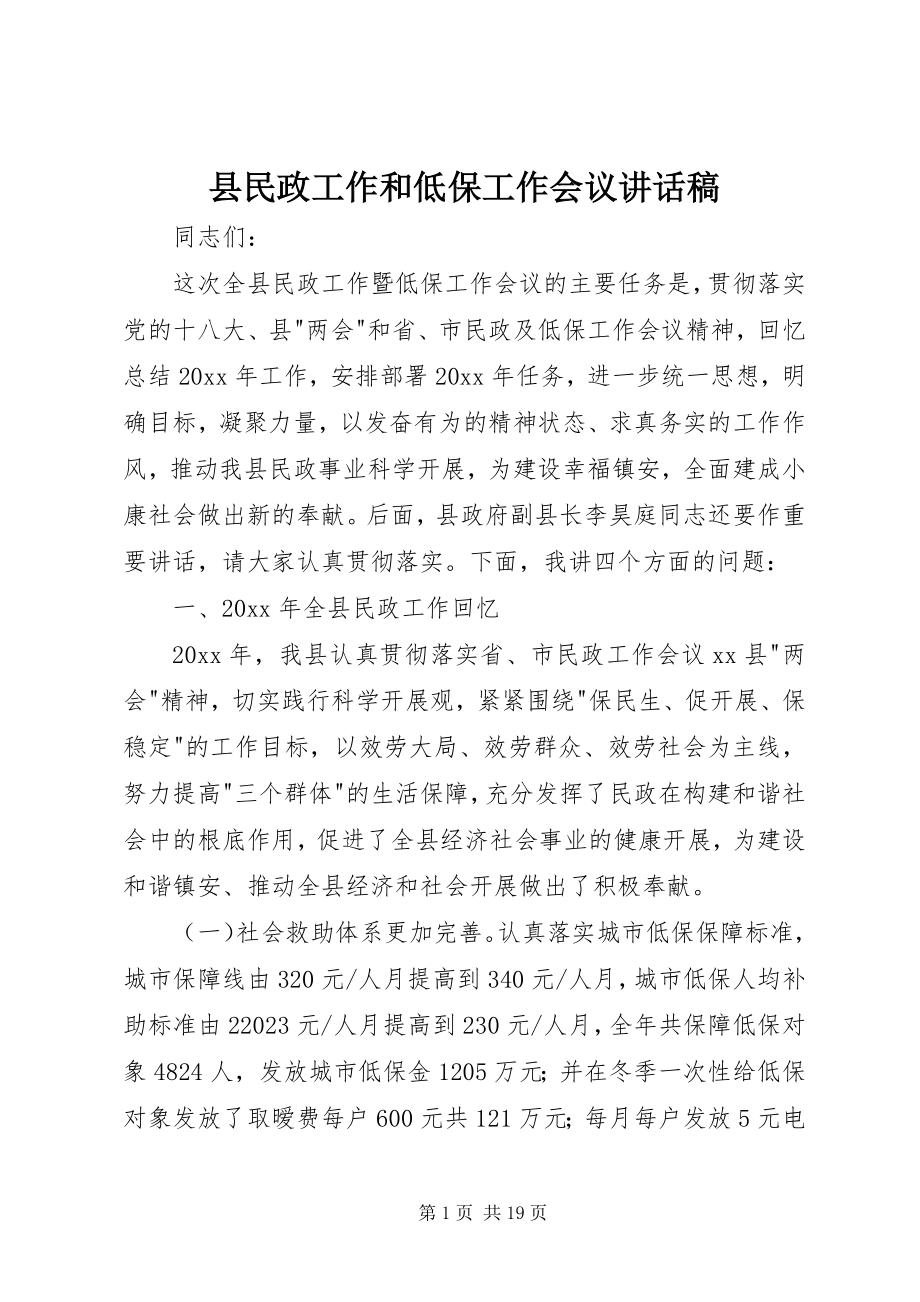 2023年县民政工作和低保工作会议致辞稿.docx_第1页