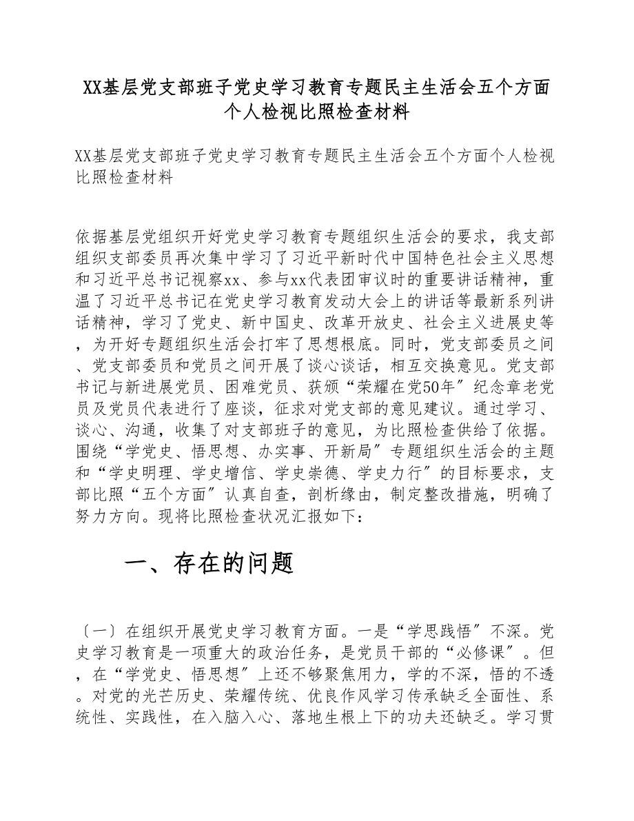 2023年XX基层党支部班子党史学习教育专题民主生活会五个方面个人检视对照检查材料.doc_第1页