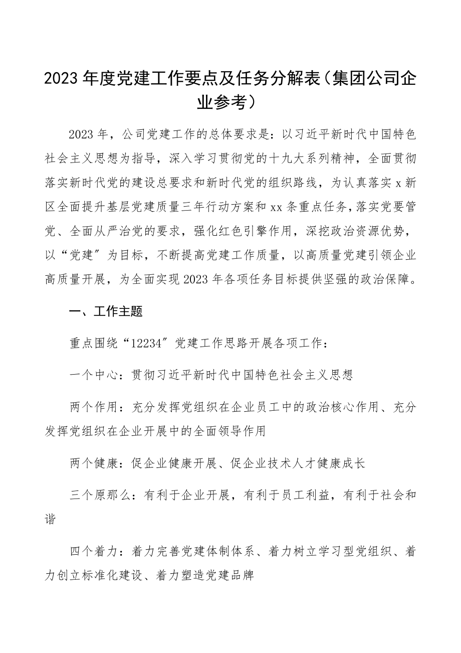 2023年度党建工作要点附任务分解表集团公司企业参考精编.docx_第1页