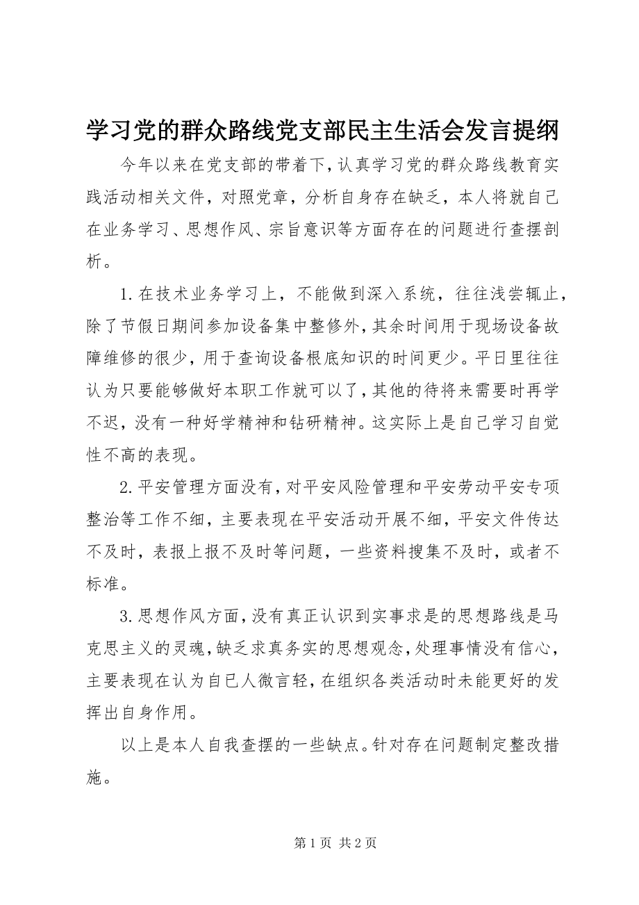 2023年学习党的群众路线党支部民主生活会讲话提纲.docx_第1页