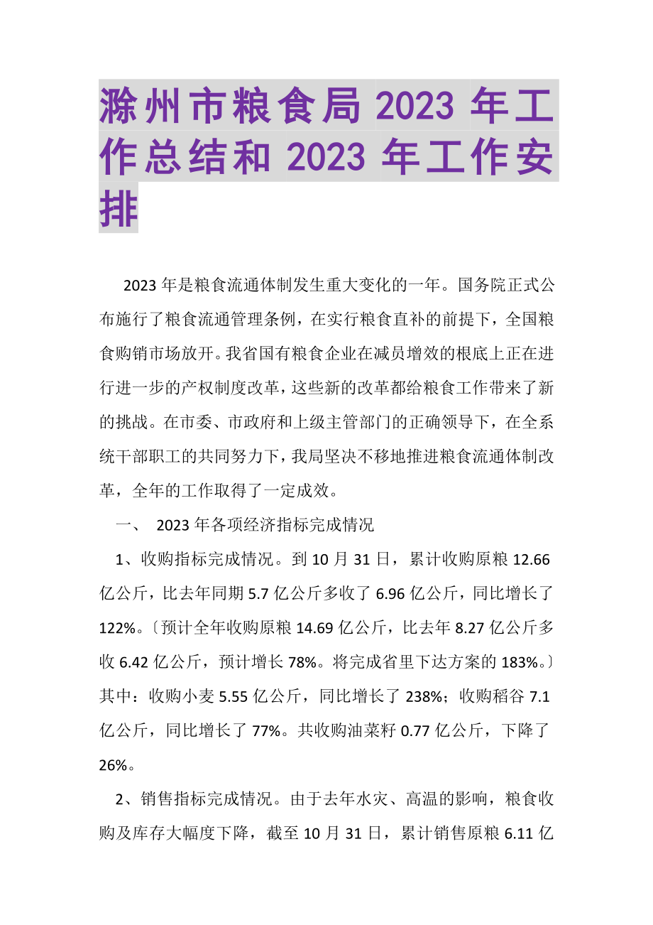 2023年滁州市粮食局年工作总结和年工作安排.doc_第1页