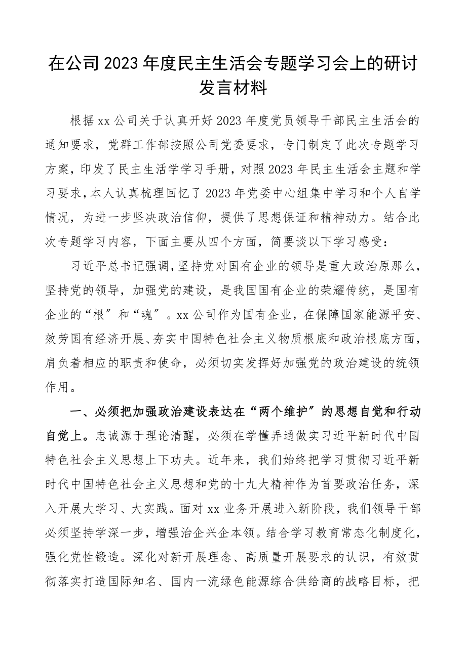 生活会学习发言2023年度民主生活会专题学习会上的研讨发言材料集团公司企业国有企业国企民主生活会会前学习.doc_第1页