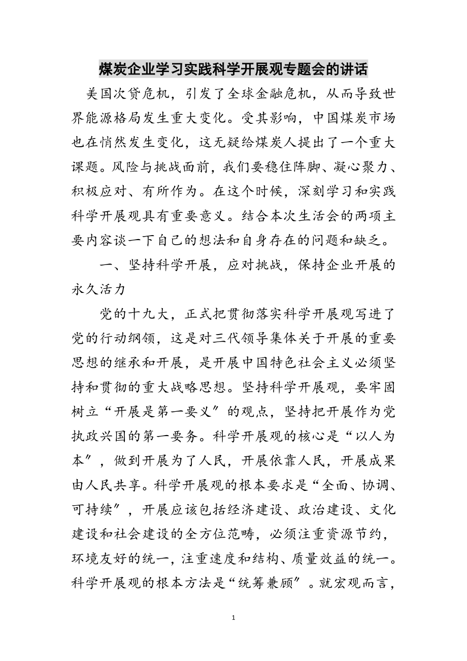 2023年煤炭企业学习实践科学发展观专题会的讲话范文.doc_第1页