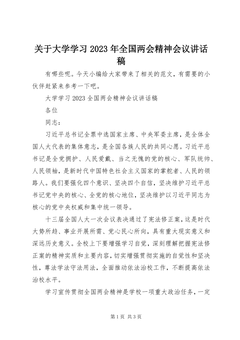 2023年大学学习某年全国两会精神会议致辞稿.docx_第1页